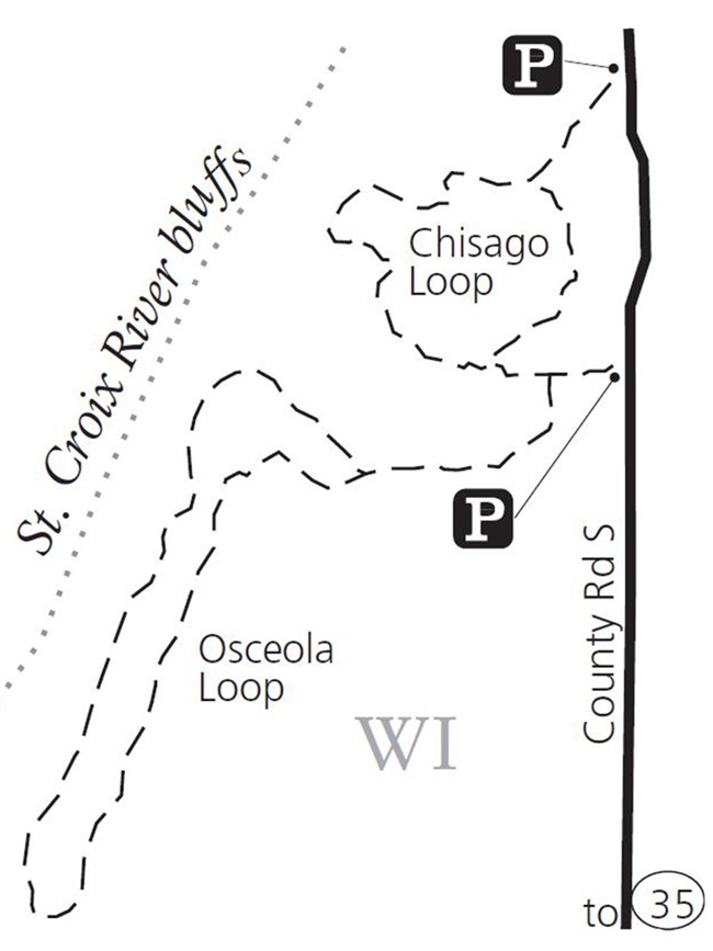 Black text over a white background with black lines illustrates a hiking map.