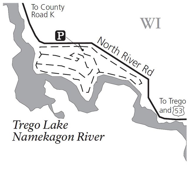 Black text over a white background with black lines illustrates a hiking map.