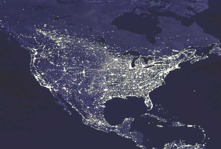 The location of many North American cities and towns are easily identified in this nighttime image taken from space. NOAA photo.