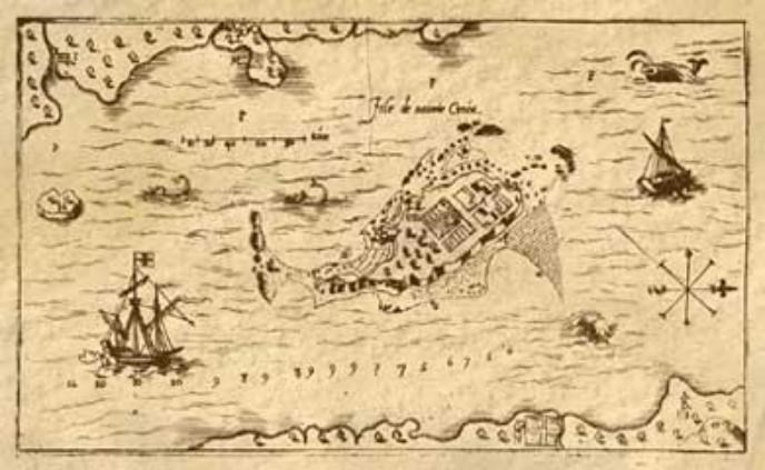 La carte de l'île Sainte-Croix en 1613 par Samuel Champlain.