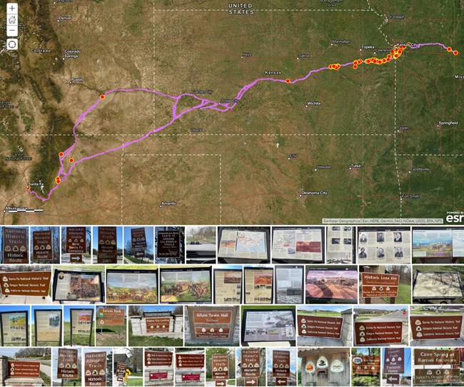 Map of USA showing a trail with a collage of trail sigh photos below.