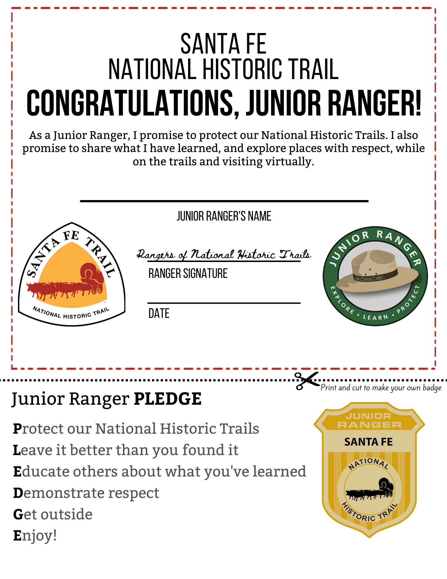 A certificate with an image of a junior ranger badge.