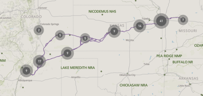 A map of Kansas area with a trail depicted.