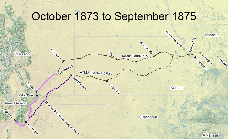 map of Santa Fe Trail route from October 1873 to September 1875