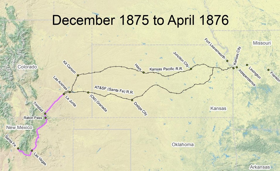 map of Santa Fe Trail route from December 1875 to April 1876