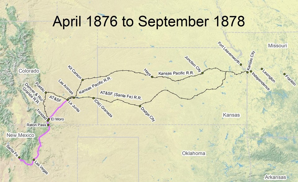 map of Santa Fe Trail route from April 1876 to September 1878