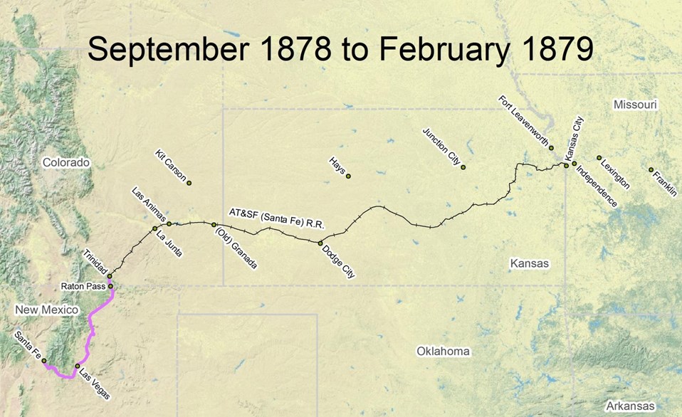 map of Santa Fe Trail route from September 1878 to February 1879