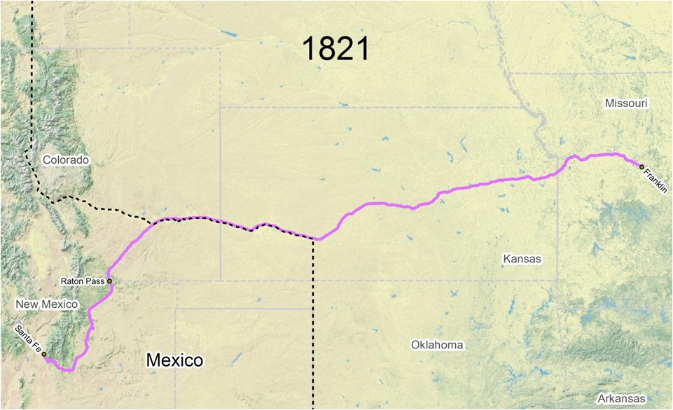 map of Santa Fe Trail route in 1821