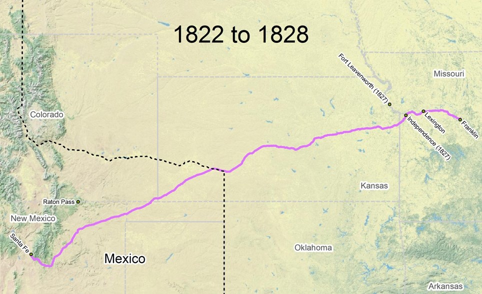 map of Santa Fe Trail route from 1822 to 1828