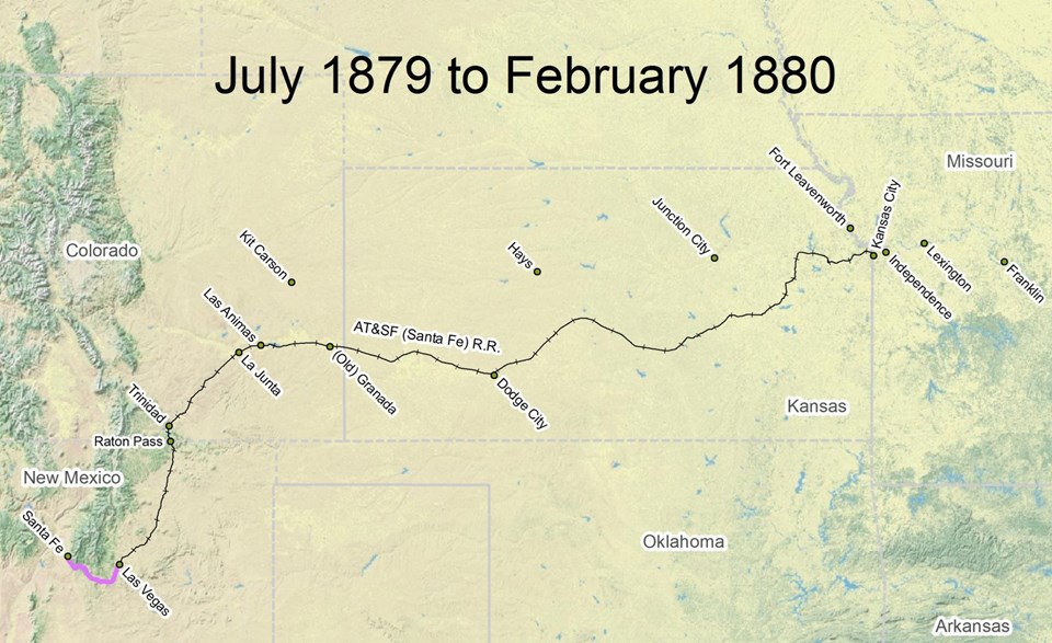map of Santa Fe Trail route from July 1879 to February 1880