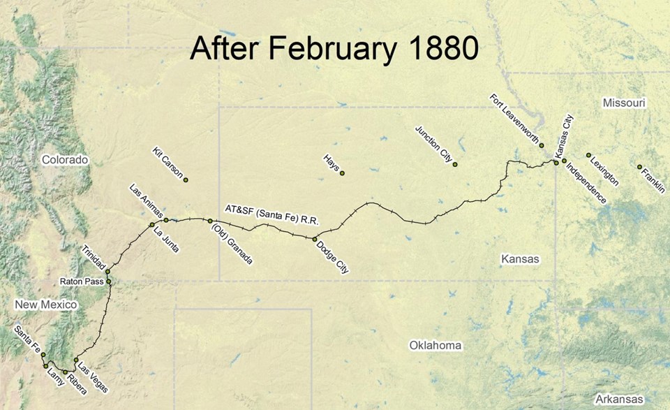 map of Santa Fe Trail route after February 1880