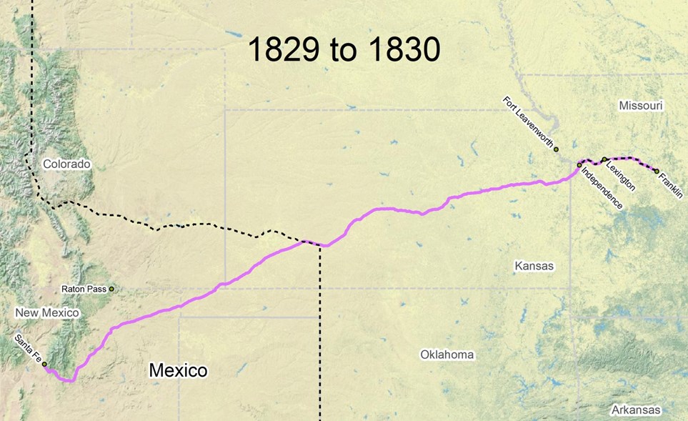 map of Santa Fe Trail route from 1829 to 1830