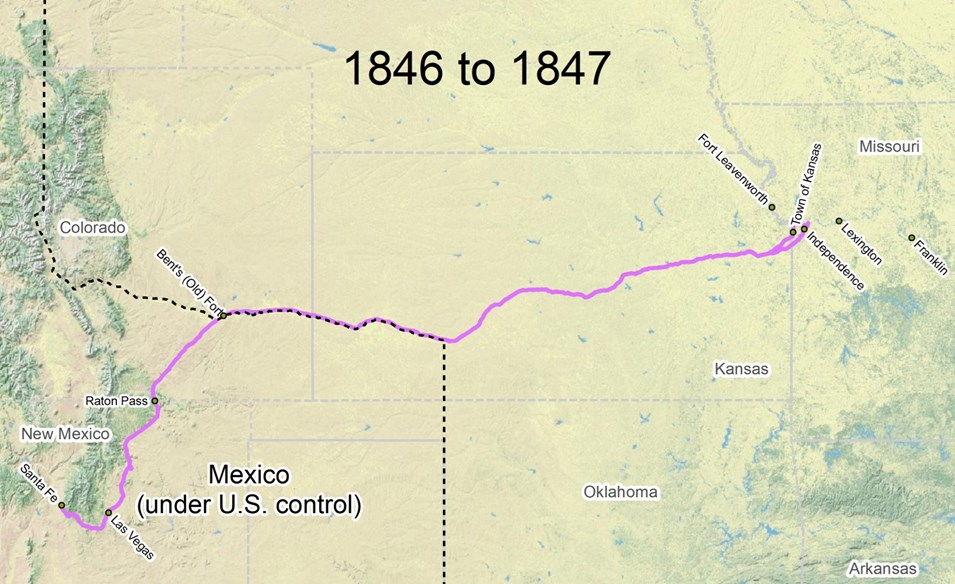 map of Santa Fe Trail route from 1846 to 1847