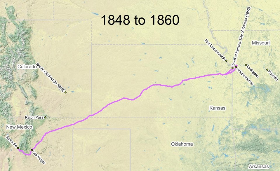 map of Santa Fe Trail route from 1848 to 1860