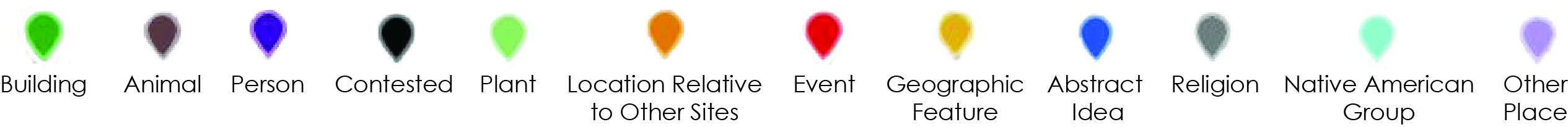 Dark Green is Building, Brown is Animal, Dark Purple is Person, Black is Contested, Light Green is Plant, Orange is Location Relative to Other Sites, Red is Event, Yellow is Geographic Feature, Blue is Abstract Idea, Grey is Religion, Teal is Native Ameri