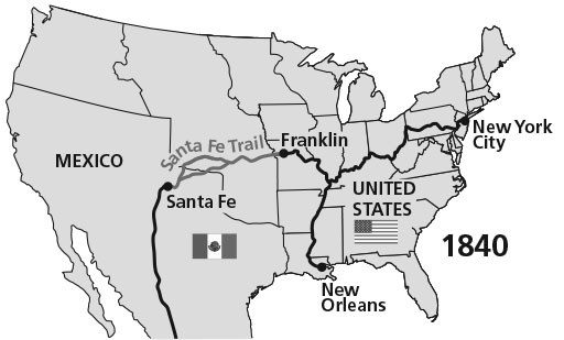 Map of modern United State with overlay for what was Mexico in the 1820s and showing the route of the Santa Fe Trail.