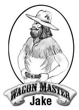 portrait drawing of long-haired, bearded man wearing shirt with fringed collar, labeled Wagon Master Jake