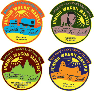 Image showing four Junior Wagon Master patches in four colors each showing a trail image including wagons, buffalo, mountains, and a church