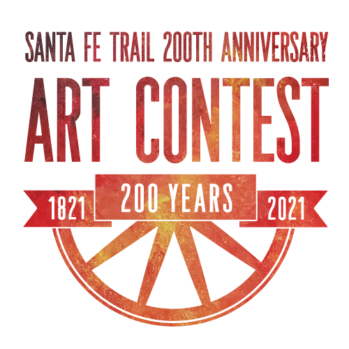 Logo that says Santa Fe Trail 200th Anniversary Virtual Art Contest with a half wagon wheel with the words 200 Years, 1821-2021
