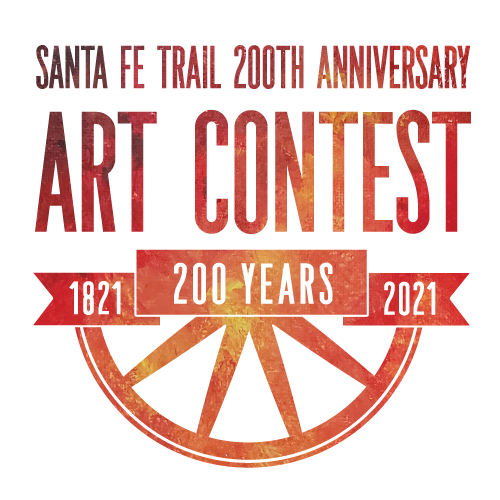 200th Art Contest Logo Logo that says Santa Fe Trail 200th Anniversary Virtual Art Contest with a half wagon wheel with the words 200 Years, 1821-2021