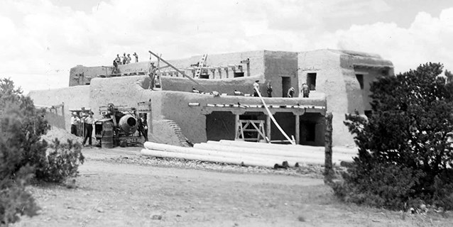 Historic Photo of CCC constructing OSFTB Historic image of CCC men constructing adobe building