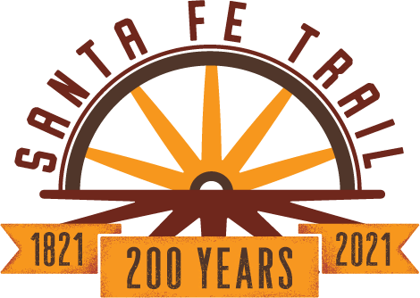 Wagon wheel logo which reads, “Santa Fe Trail, 1821-2021. Two hundred years.”