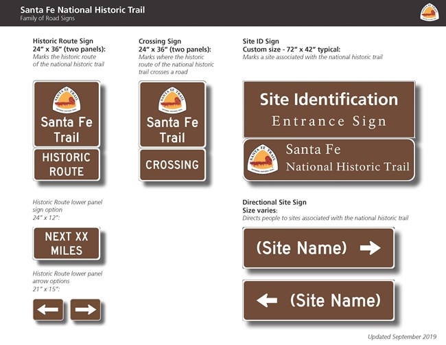 A group of signs that indicate the presence of the Santa Fe Trail.