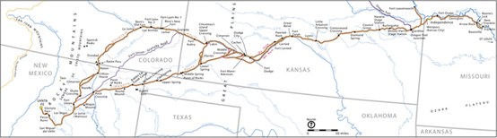 A map of a trail depicted from Missouri to Santa Fe, NM.