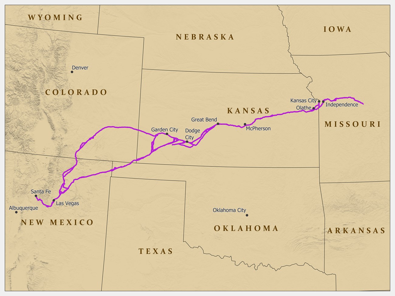A map depicting a trail from Missouri to Santa Fe, NM.