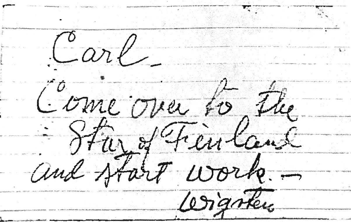 Handwritten Note from Captain Hjalmar Wigsten to Karl Kortum