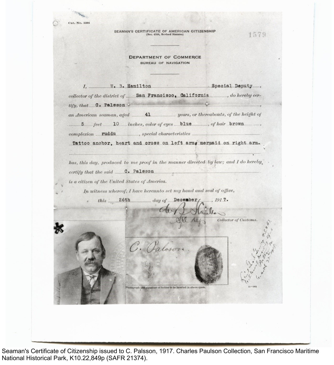 Seaman's Certificate of Citizenship issued to C. Palsson, 1917