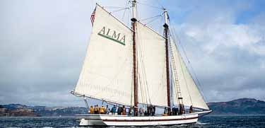 The scow schooner Alma sailing on San Francisco Bay. The scow schooner Alma sailing on San Francisco Bay.