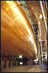 A view of Eureka's hull when she was out of the water in a drydock.