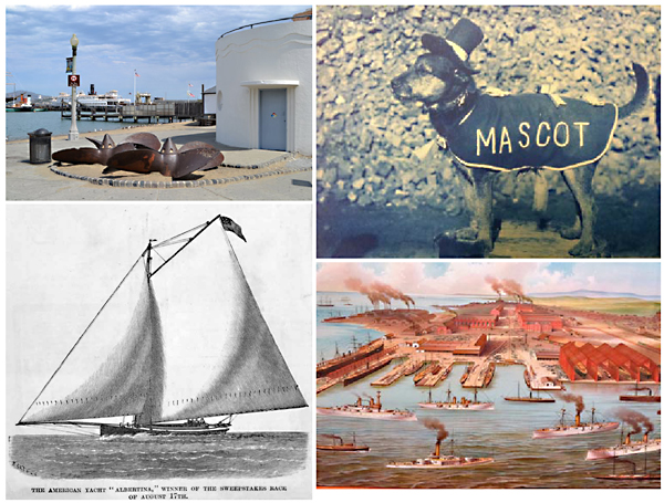A four-picture collage showing a beach, sailboat, dog and a shipyard.