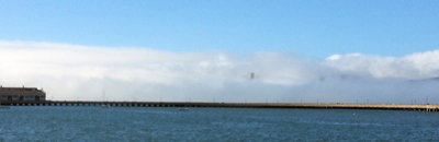 Fog obscuring the Golden Gate Bridge.