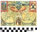 1580s map of the world with pictorial inset stamps of portraits of Sir Francis Drake, Elizabeth 1, and Golden Hind