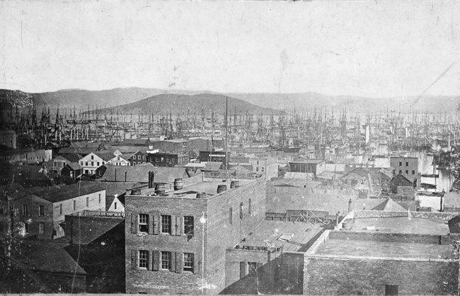 historical image from 1851 showing the shoreline of San Francisco crowded with abandoned ships