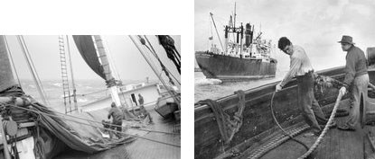 C.A. Thayer (built 1895; schooner, 3m) deck view in heavy weather, 1957. Photographed by Karl Kortum (K9.38,806n) and tugboat Sea Prince and freighter Great Republic en route to Howards Terminal, Oakland, Calif., circa 1950 photographed by Matt Southard and (P81-053.147n).