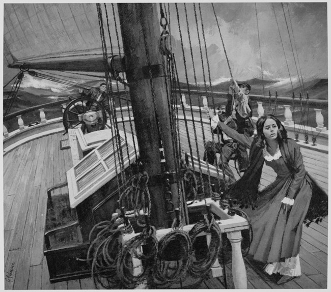 Print of a painting of Marry Patten holding a ship line on the deck of a ship during a storm