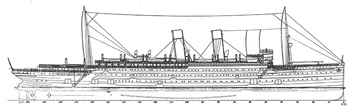 A line drawing of a steamship.