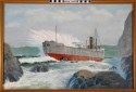 Color oil painting of broadside of vessel to the coast, port bow on rocks, in surf