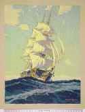 Replica on canvas with oil paint of bow and starboard view of sailing ship on the waves