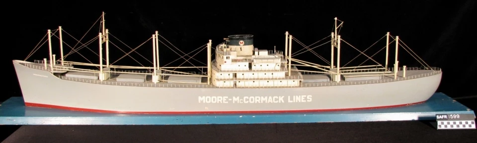 Model of the Mormacyork freighter Model of the Mormacyork freighter with a grey hull, mounted on a blue board
