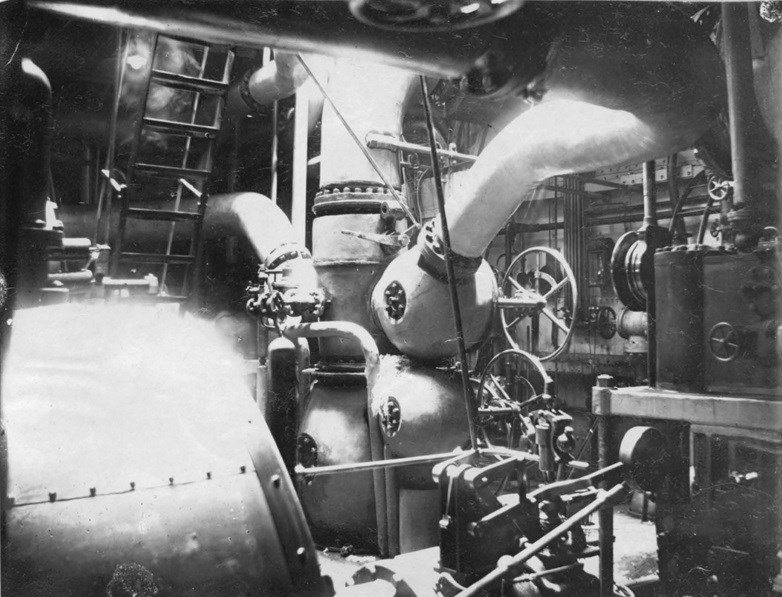 Interior of the engine room on a steam ship.