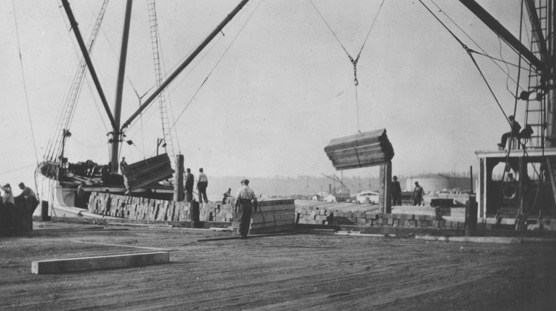 A steam schooner alongside a dock loading lumber. SAFR P80,116.1