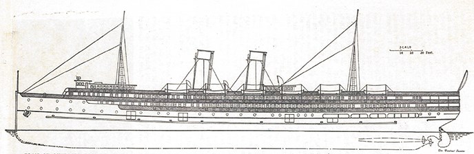 A line drawing of a steamship.