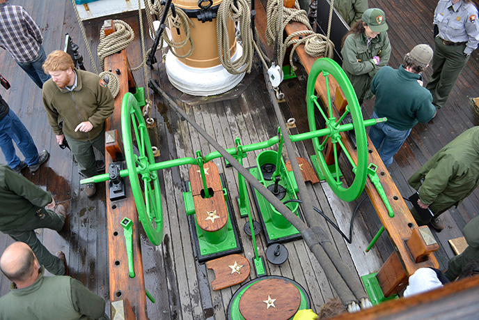 Historic Manual Bilge Pump on Balclutha Returned to 