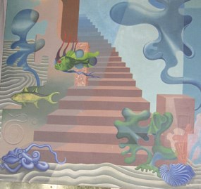 A section of the mural showing brighly-colored and strange-looking sea creatures and a staircase.