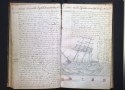 Two page spread with manuscript text on both pages and a drawing of the ship on the lower right