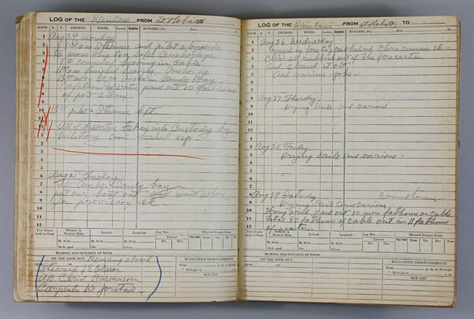 A ship's logbook opened to show two pages with hand written entries.